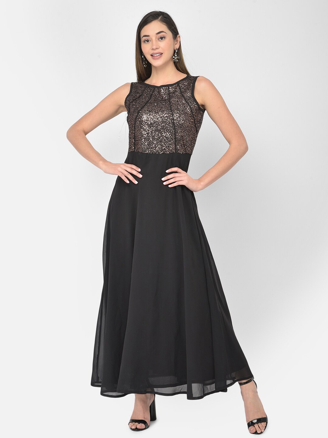 

Latin Quarters Women Black & Silver-Toned Embellished Sequined Maxi Dress