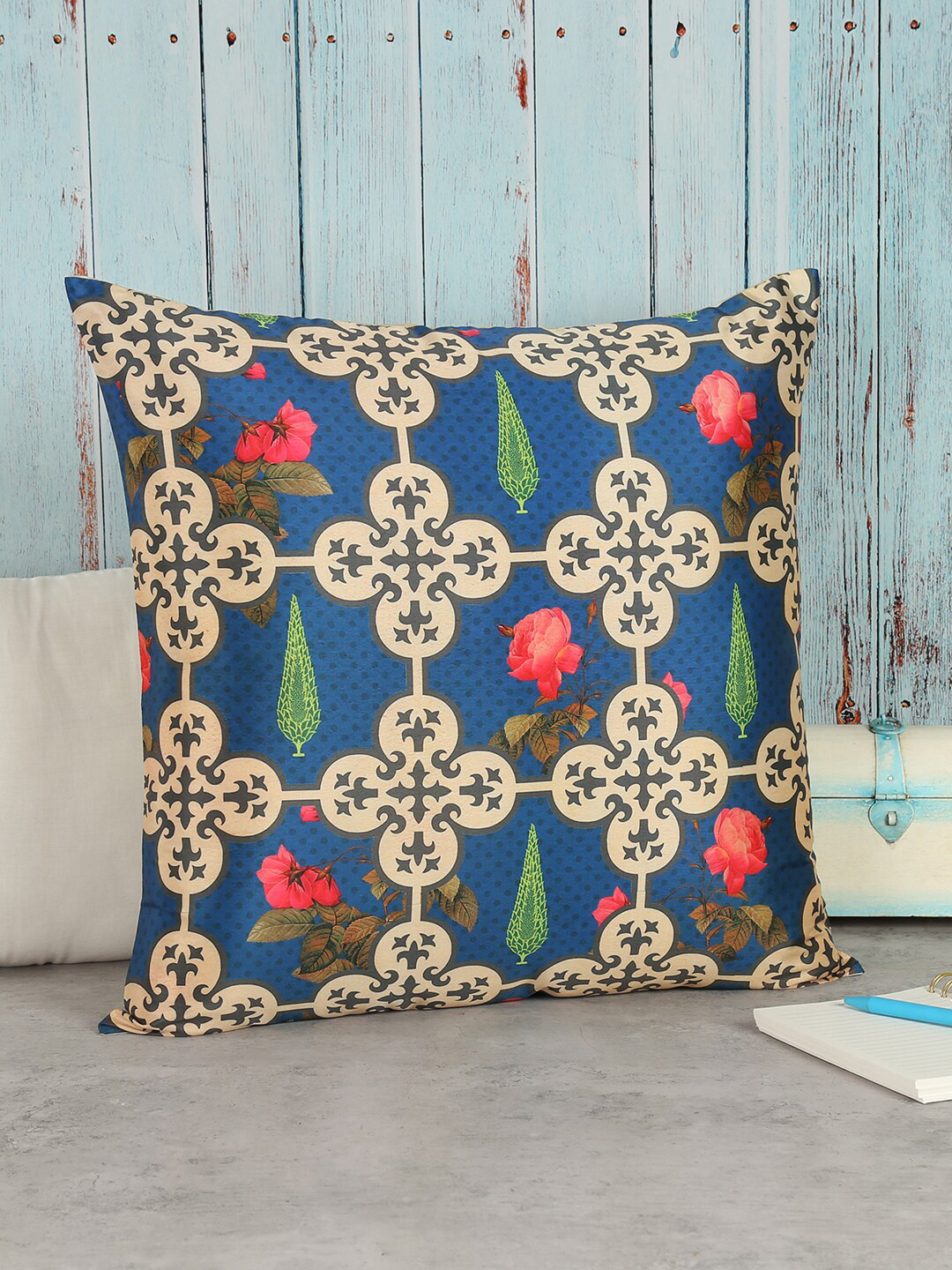 

India Circus by Krsnaa Mehta Blue & Beige Ethnic Motifs Printed Square Cushion Cover