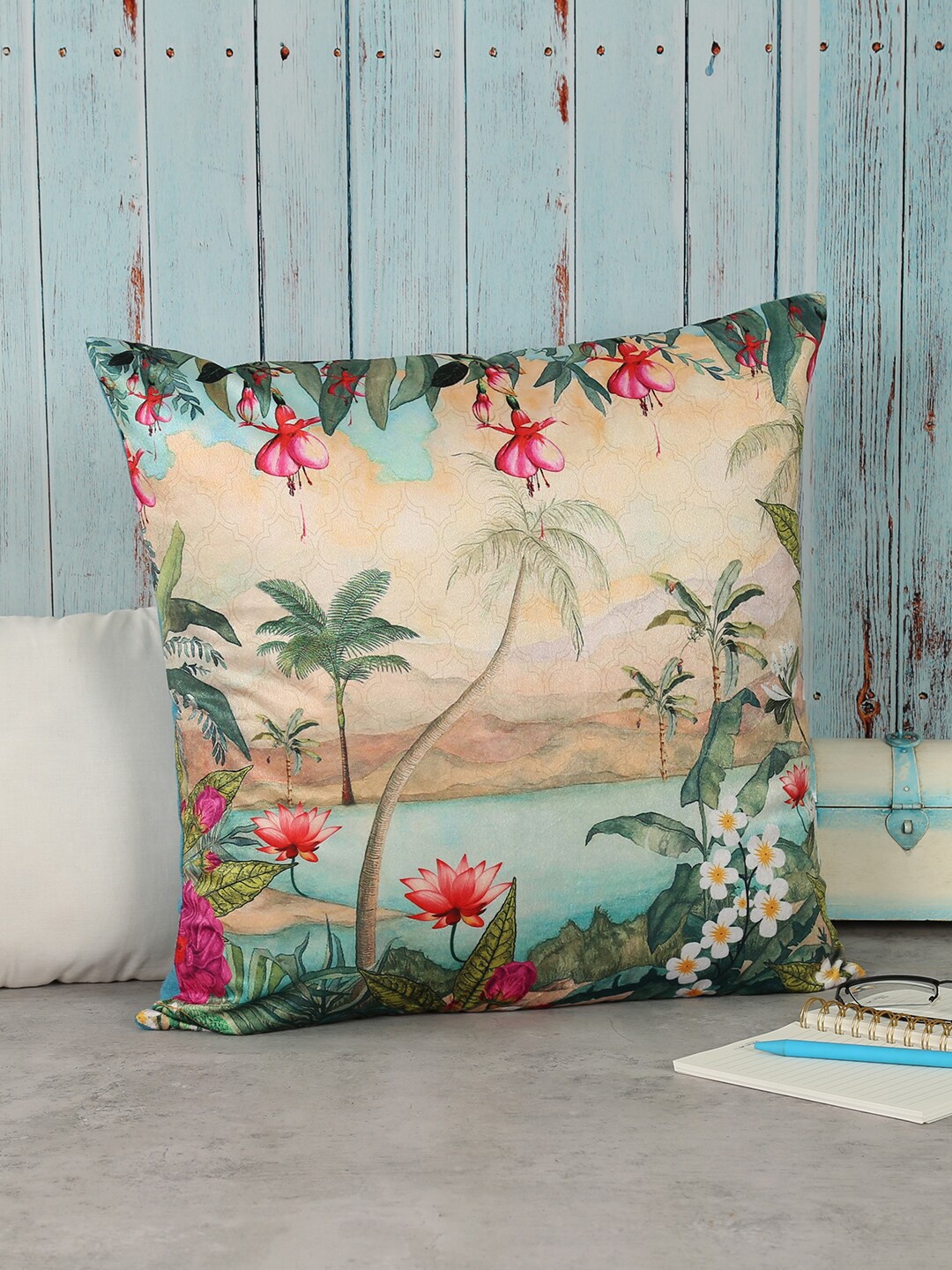 

India Circus by Krsnaa Mehta Beige & Green Floral Velvet Square Cushion Covers