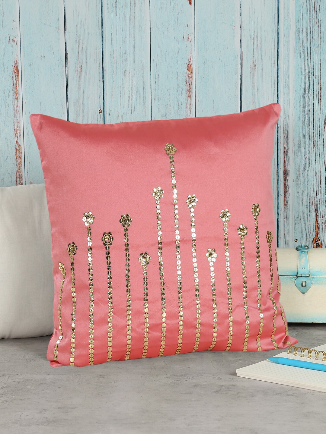India Circus by Krsnaa Mehta Pink & Gold-Toned Embellished Square Cushion Covers