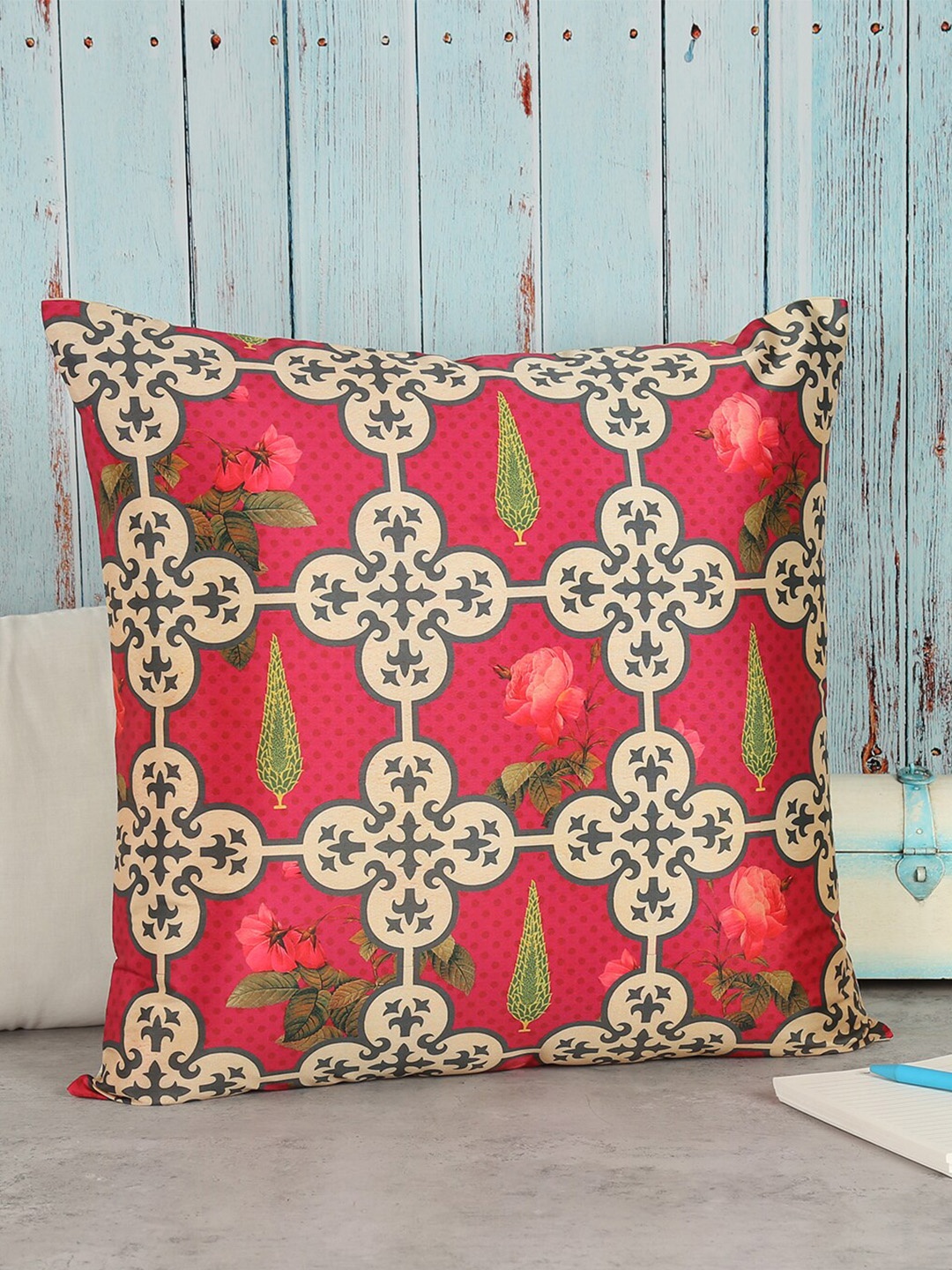 

India Circus by Krsnaa Mehta Magenta & Beige Ethnic Motifs Square Cushion Cover
