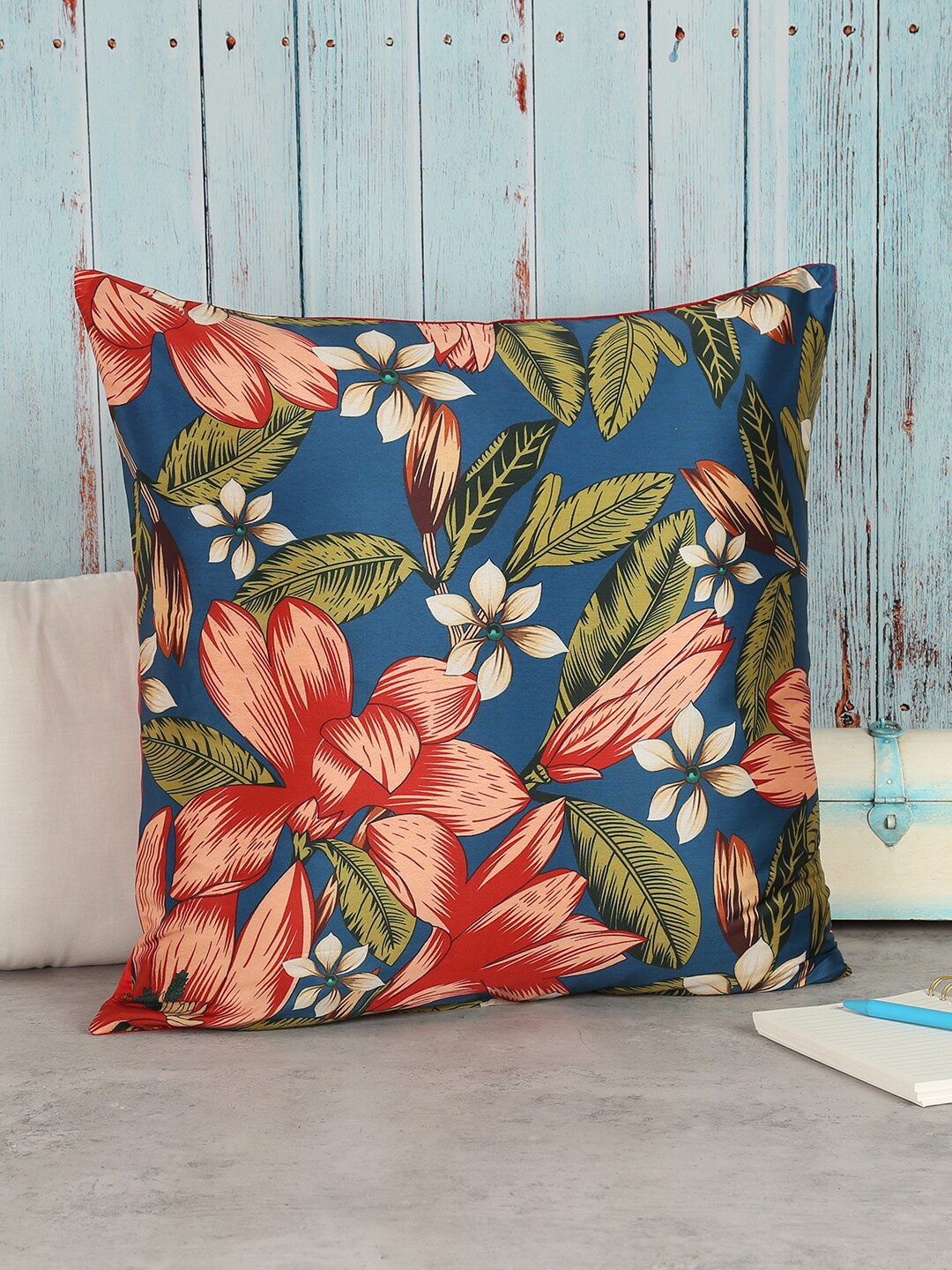 

India Circus by Krsnaa Mehta Navy Blue & Green Floral Square Cushion Covers