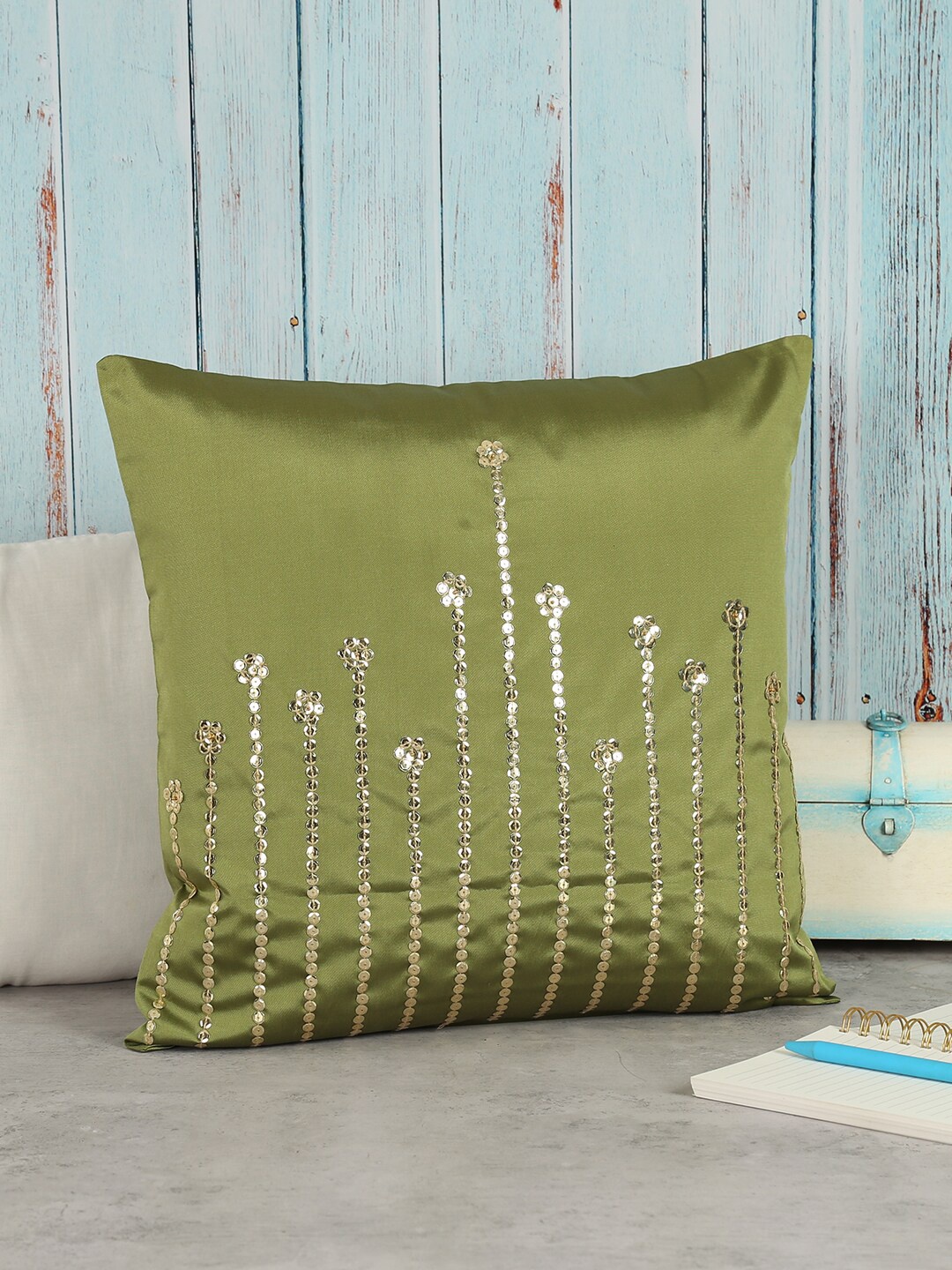 

India Circus by Krsnaa Mehta Olive Green & Gold-Toned Embellished Square Cushion Covers