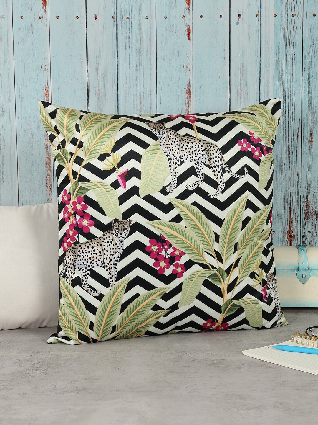 

India Circus by Krsnaa Mehta Black & Green Floral Velvet Square Cushion Covers