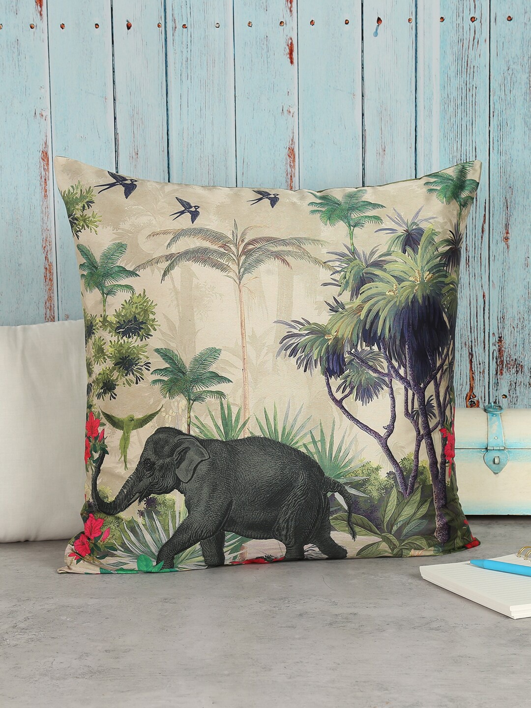 

India Circus by Krsnaa Mehta Beige & Green Ethnic Motifs Square Cushion Cover