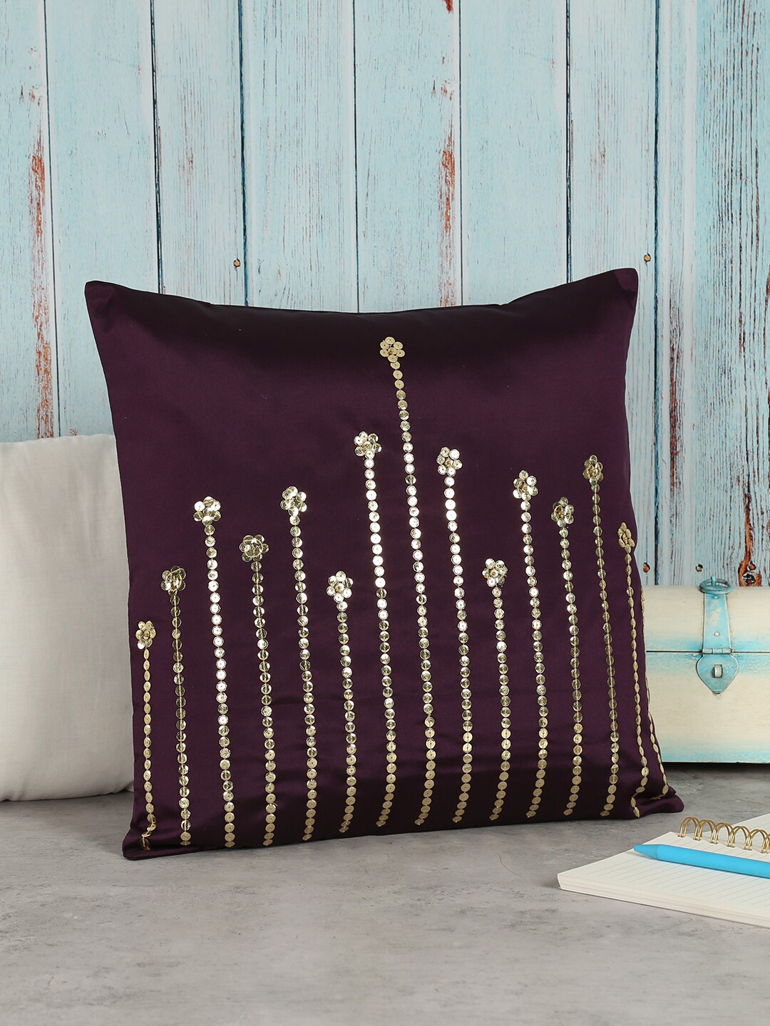 

India Circus by Krsnaa Mehta Burgundy & Gold-Toned Embellished Square Cushion Covers