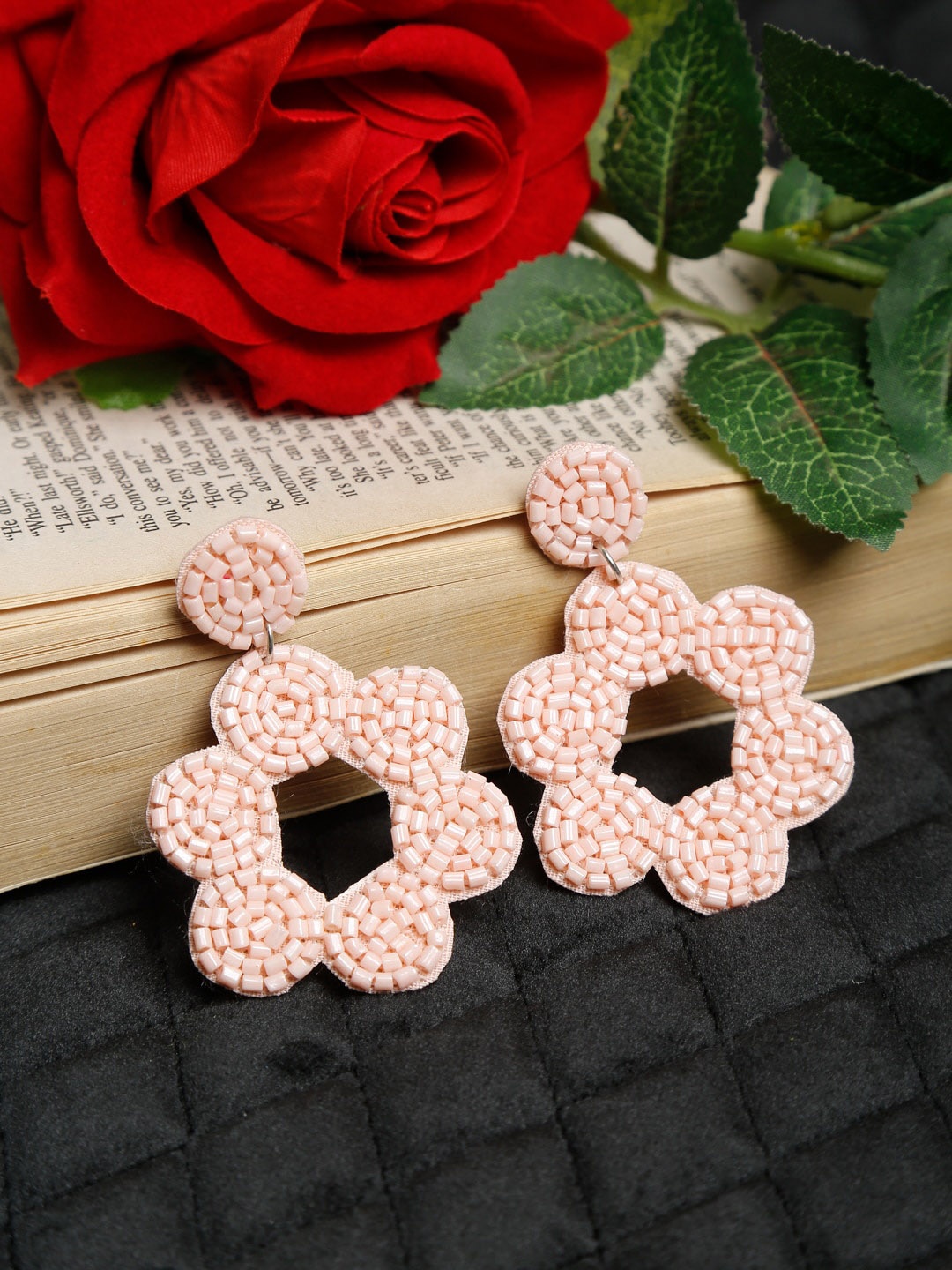 

NEUDIS Peach-Coloured Floral Beaded Handcrafted Drop Earrings