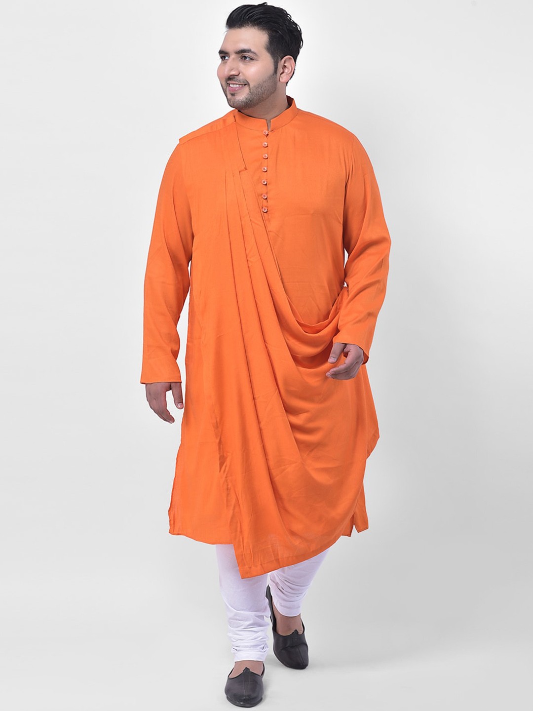 

DEYANN PLUS Men Orange & White Pleated Kurta with Churidar