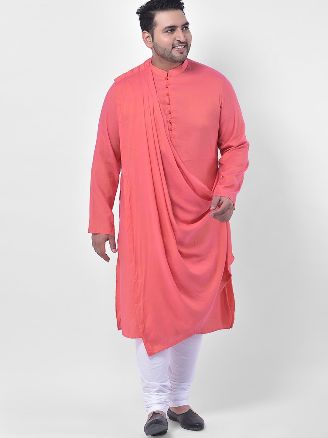 

DEYANN PLUS Men Pink & White Pleated Kurta With Churidar