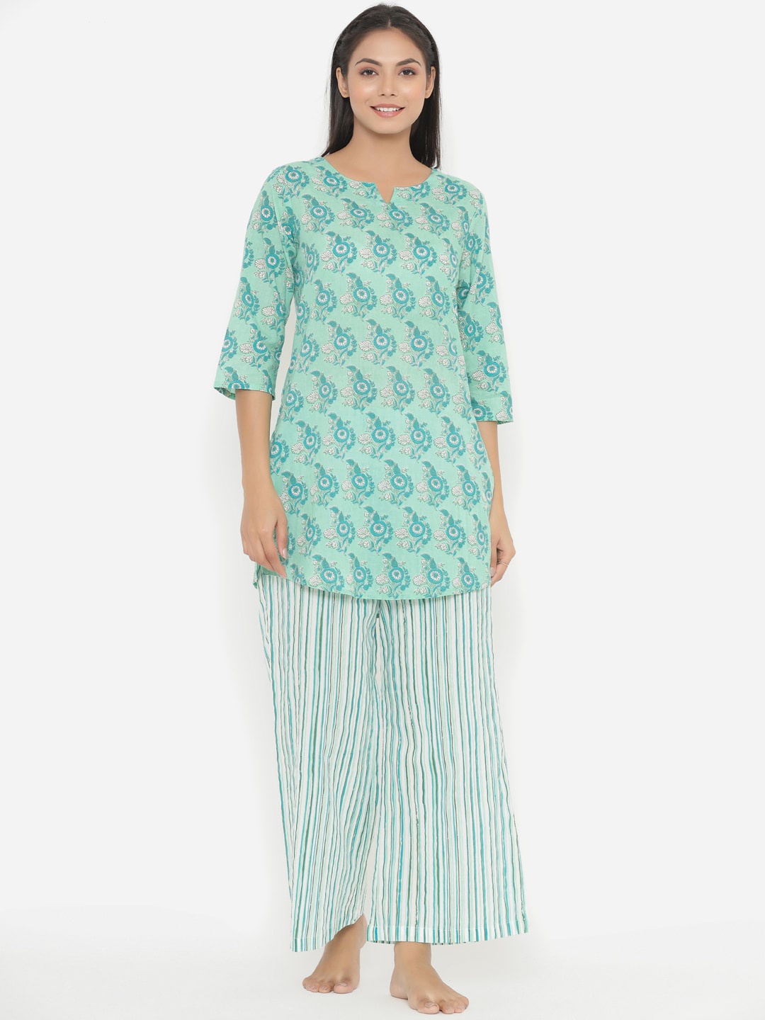 

JISORA Women Green & White Printed Night suit