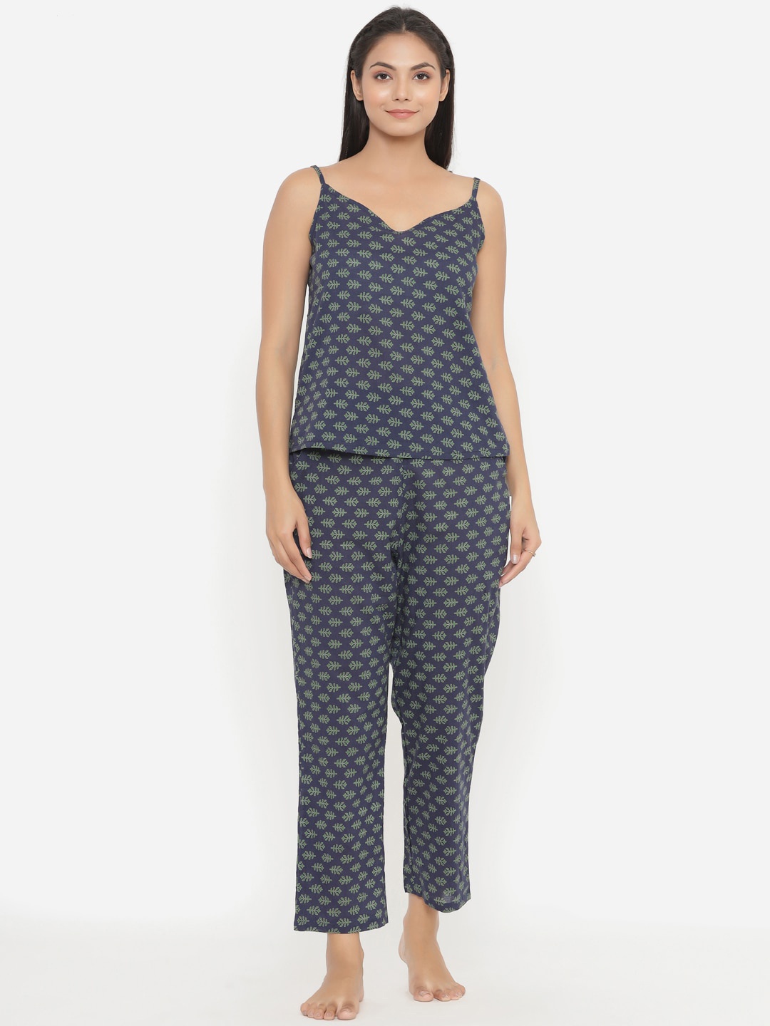 

JISORA Women Blue & Green Pure Cotton Printed Night suit