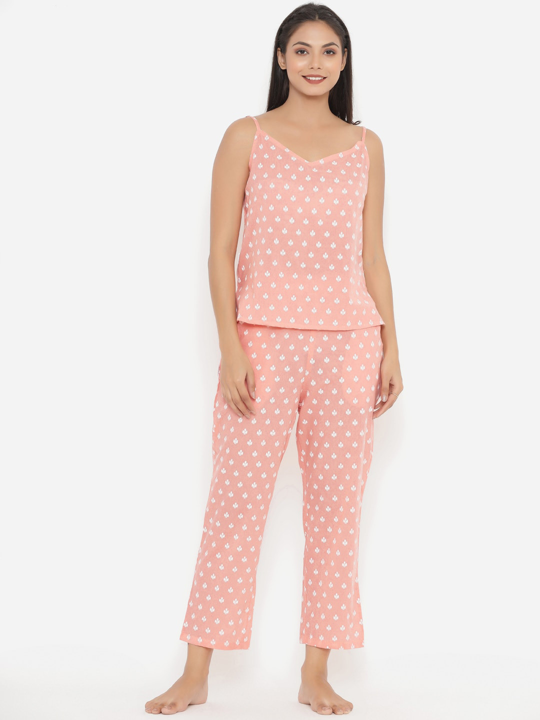 

JISORA Women Peach-Coloured & White Printed Night suit