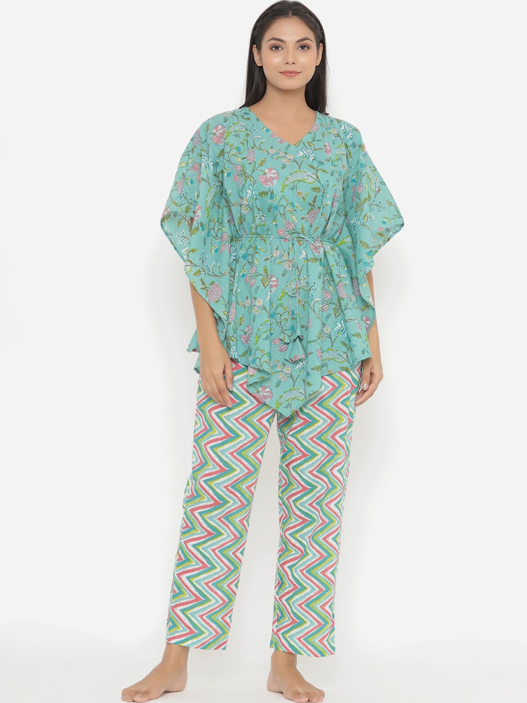 

JISORA Women Blue & Pink Printed Pure Cotton Kaftan Night suit
