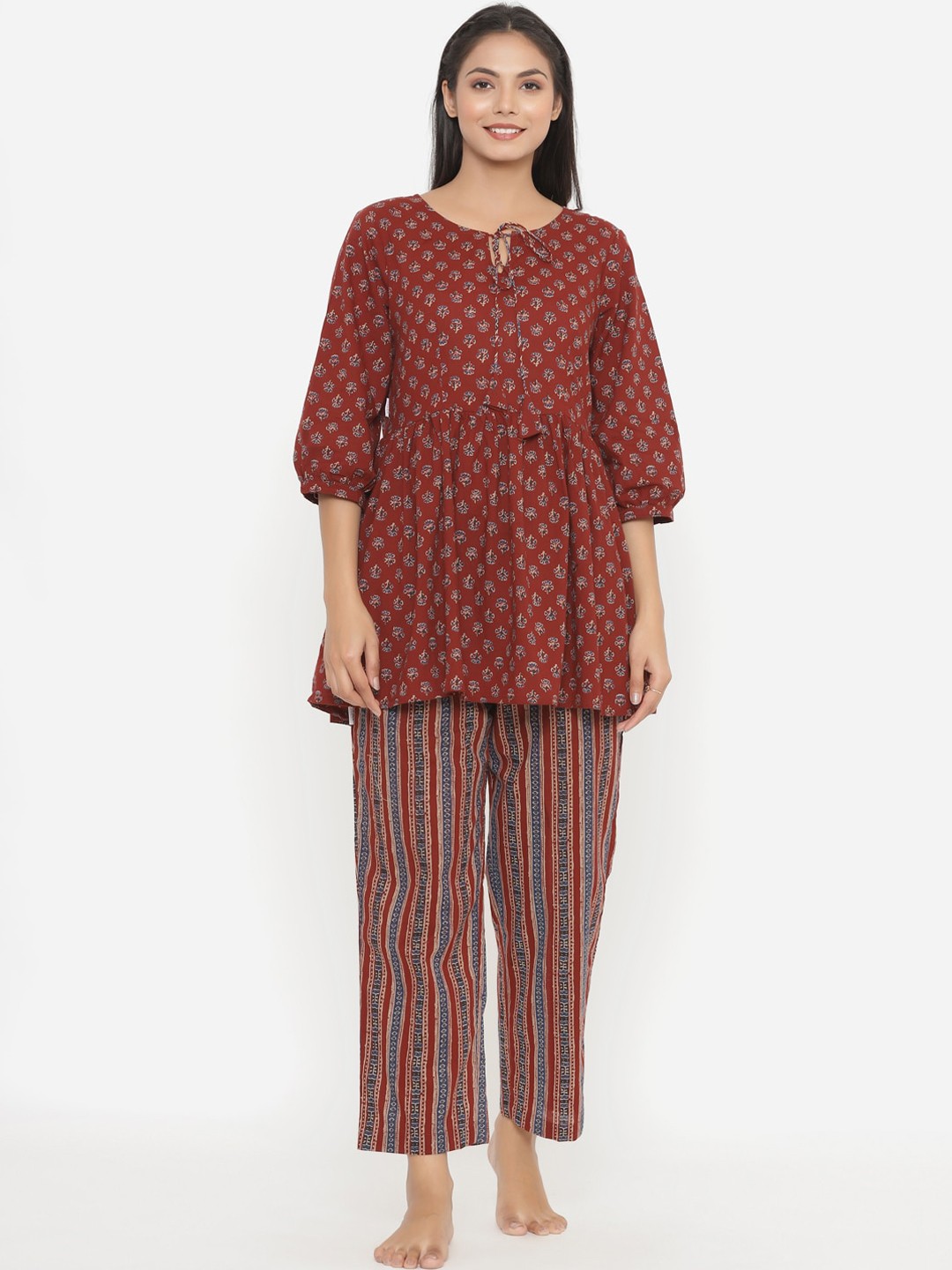 

JISORA Women Maroon & Beige Pure Cotton Night Suit