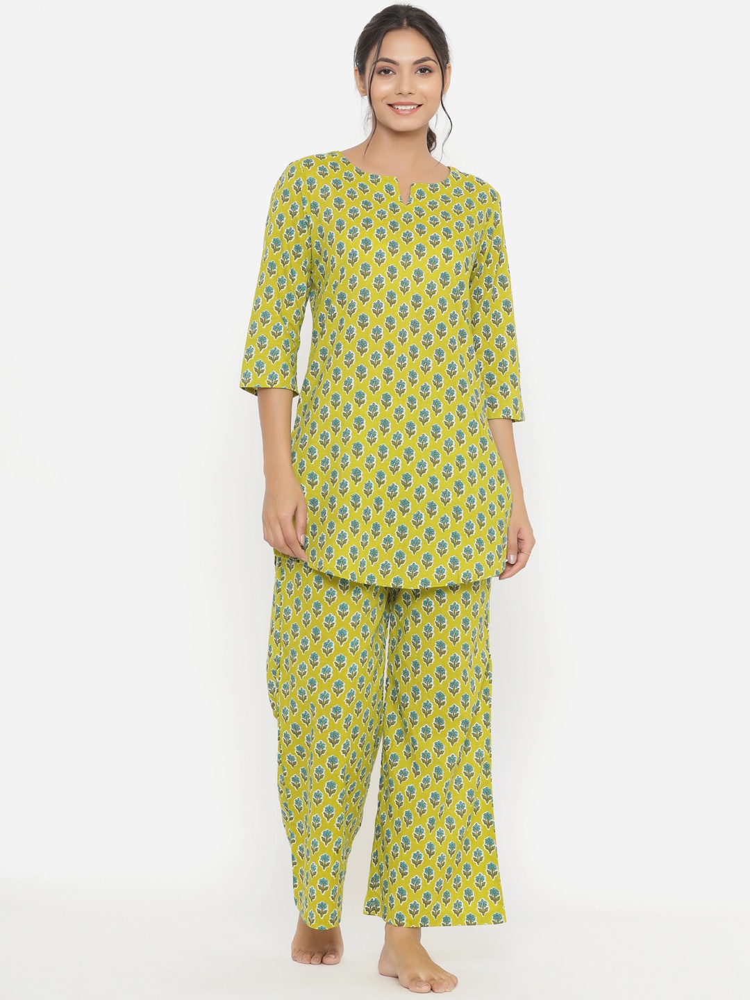 

JISORA Women Yellow & Blue Pure Cotton Printed Night suit