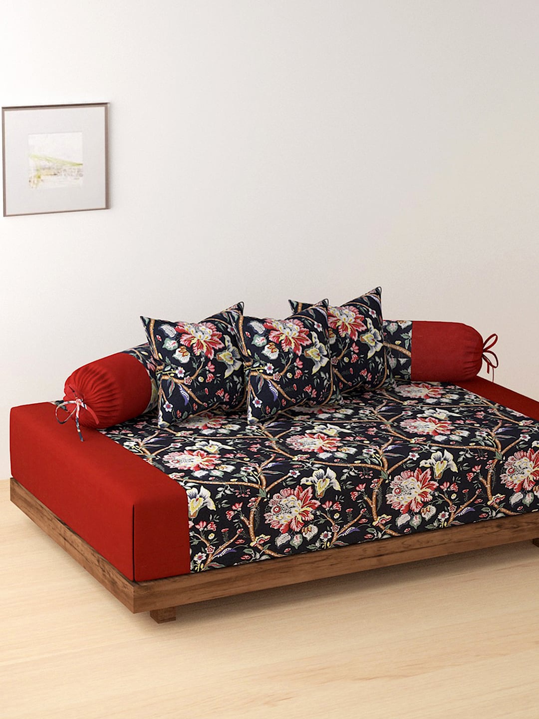

Rajasthan Decor Set Of 6 Black & Red Floral Printed Cotton Diwan Set