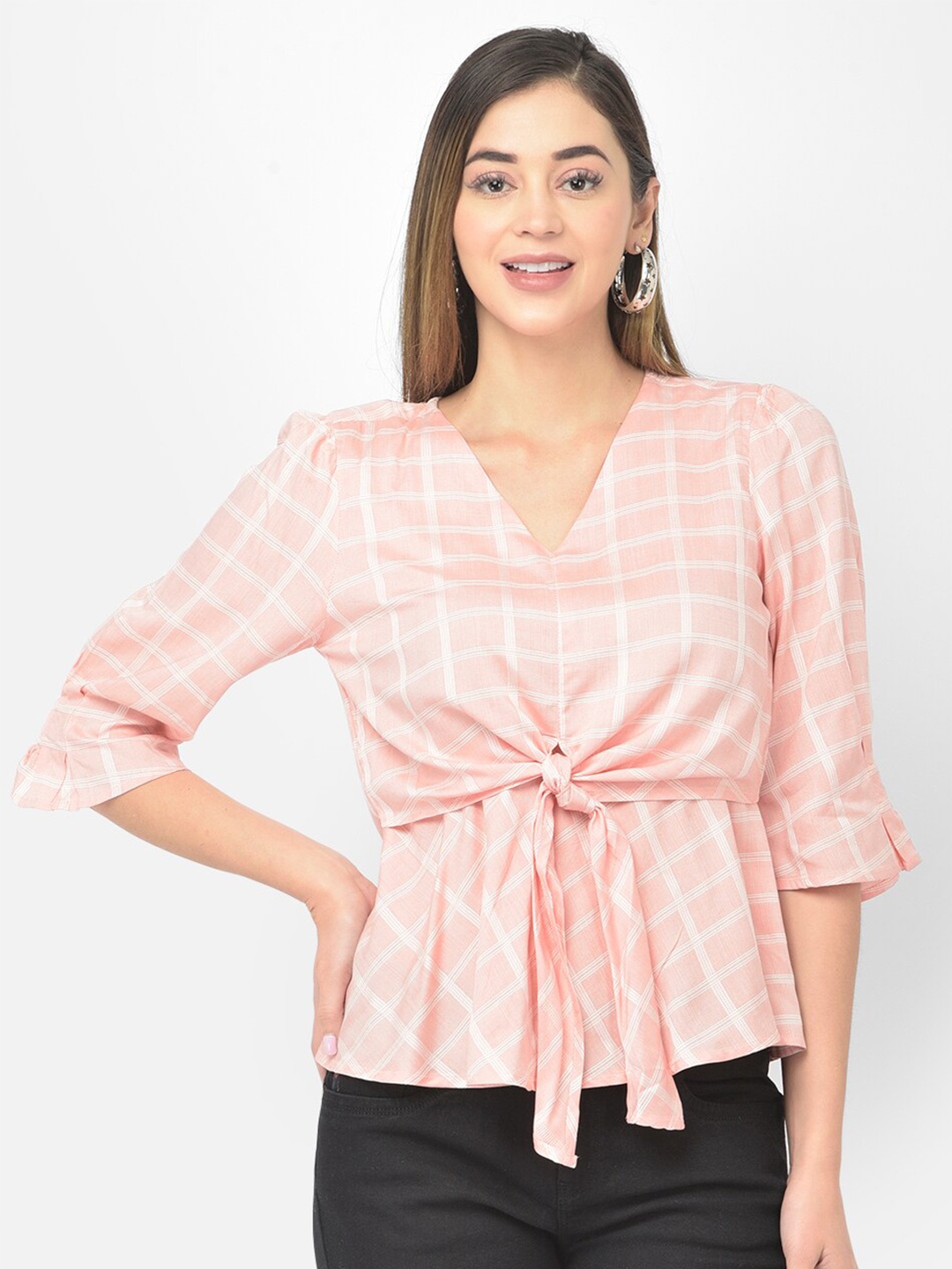 

Latin Quarters Peach-Coloured Checked Cinched Waist Top
