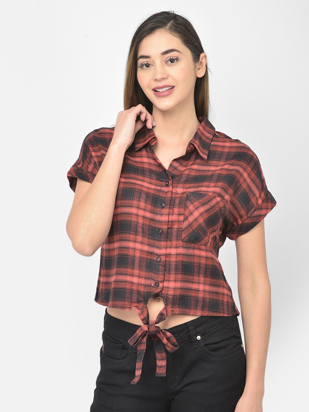 

Latin Quarters Women Rust Checked Crop Shirt Top