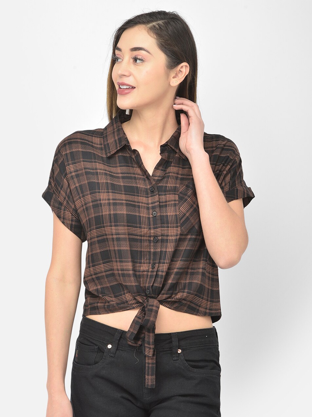 

Latin Quarters Women Brown Tartan Checked Crop Casual Shirt