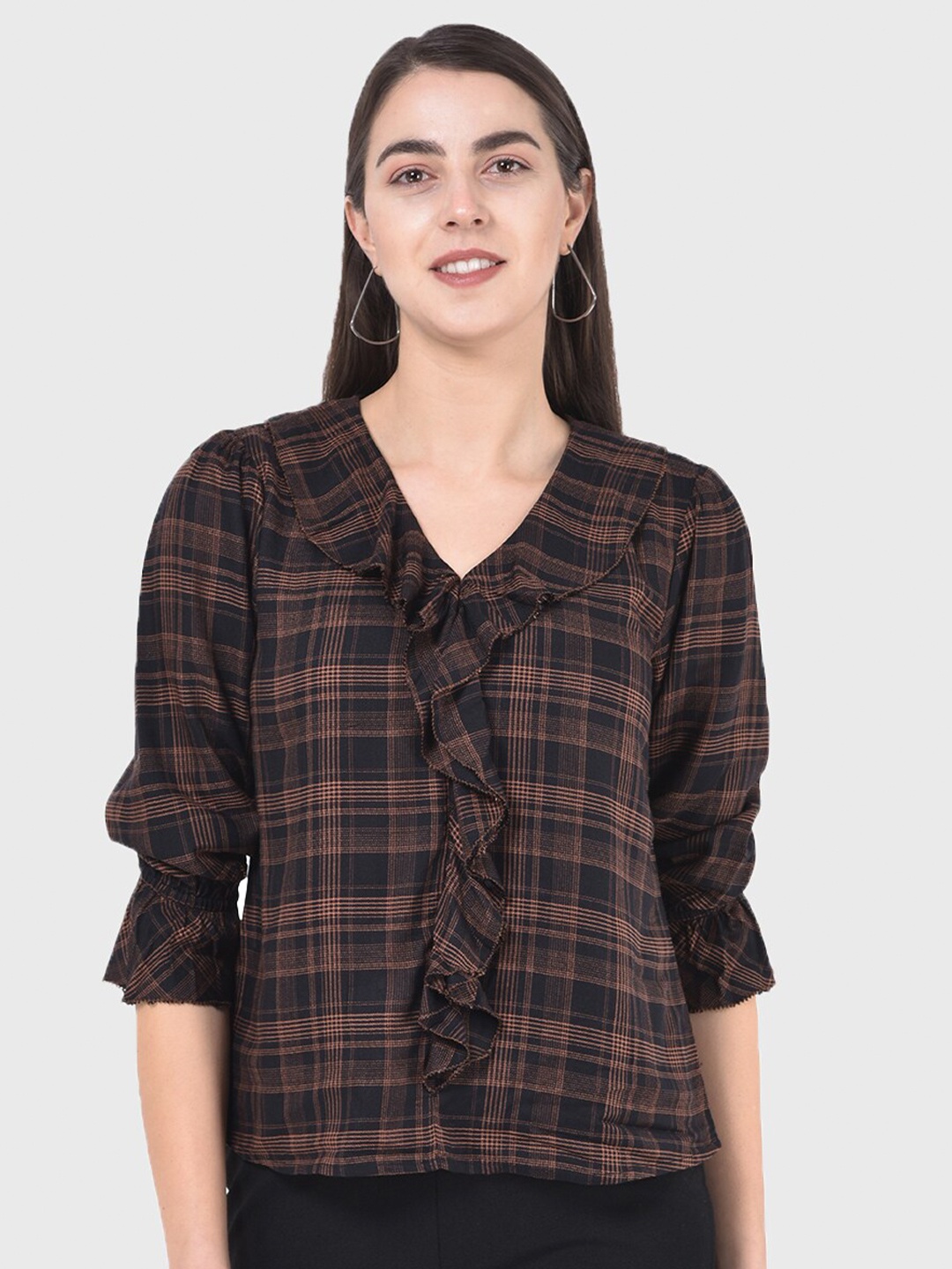 

Latin Quarters Black & Brown Checked Ruffles Top