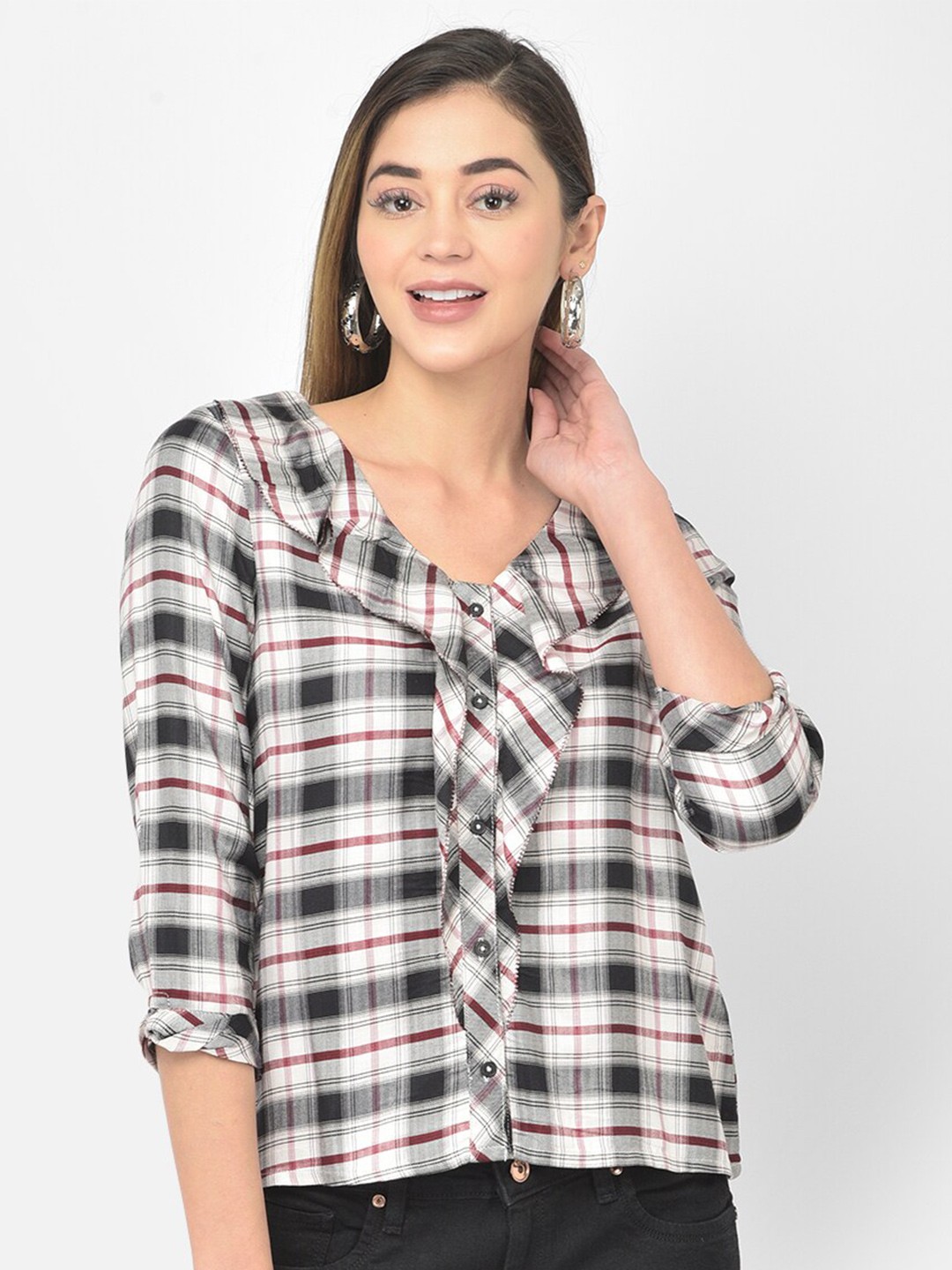 

Latin Quarters Women Black Checked Ruffled Shirt Style Top