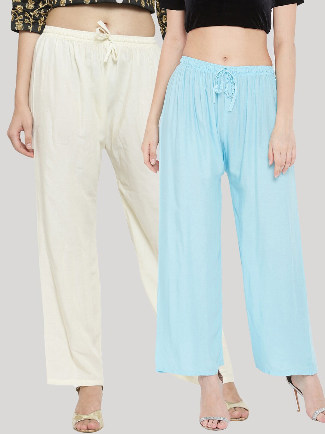 

Clora Creation Women Pack Of 2 Turquoise Blue & White Knitted Palazzos