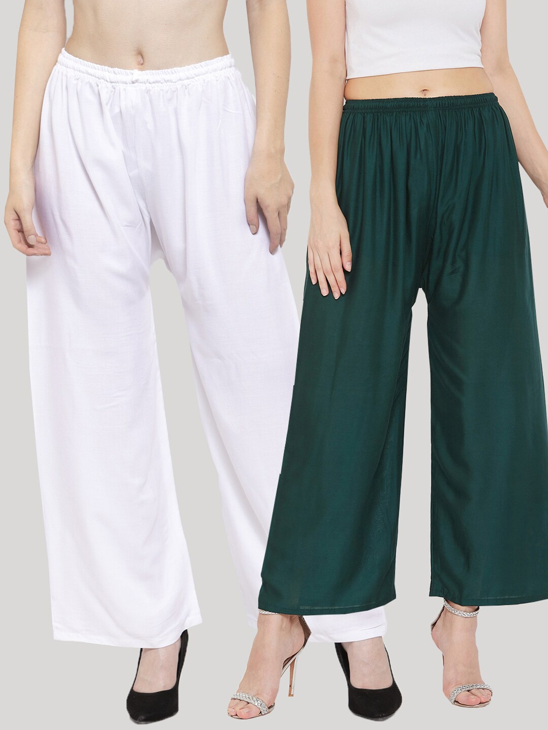 

Clora Creation Women Pack Of 2 White & Green Solid Straight Palazzos