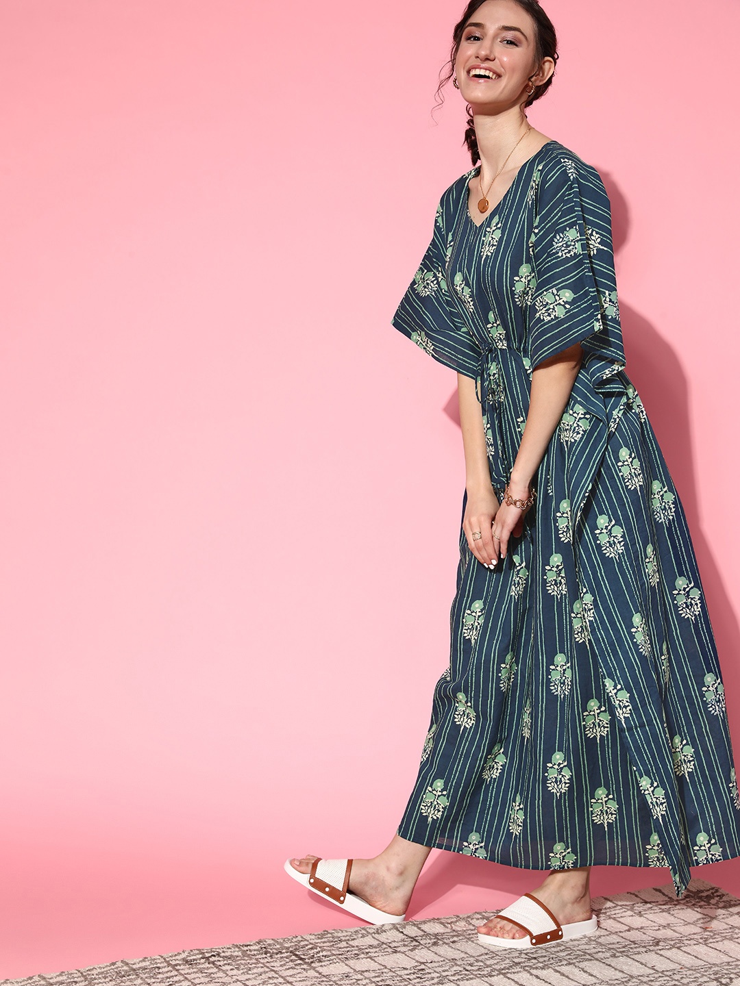 

JISORA Blue Printed Maxi Kaftan Nightdress