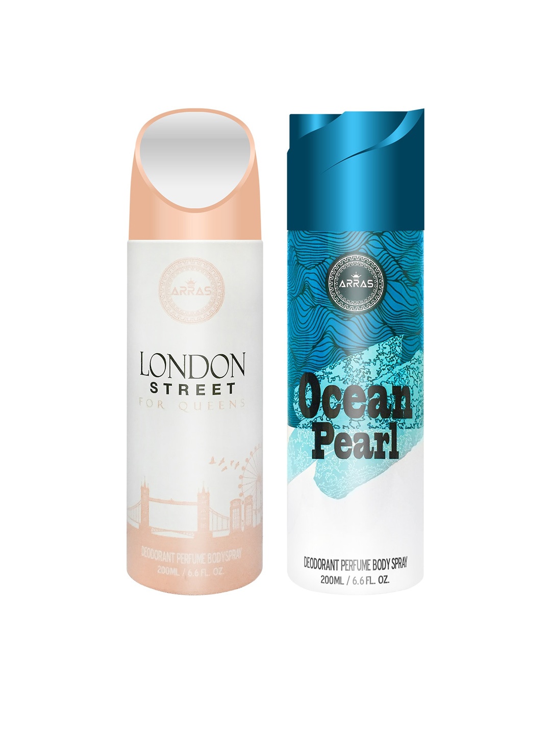 

Arras Pack of 2 London Street & Ocean Pearl Deodorant Body Spray 200ml Each, White