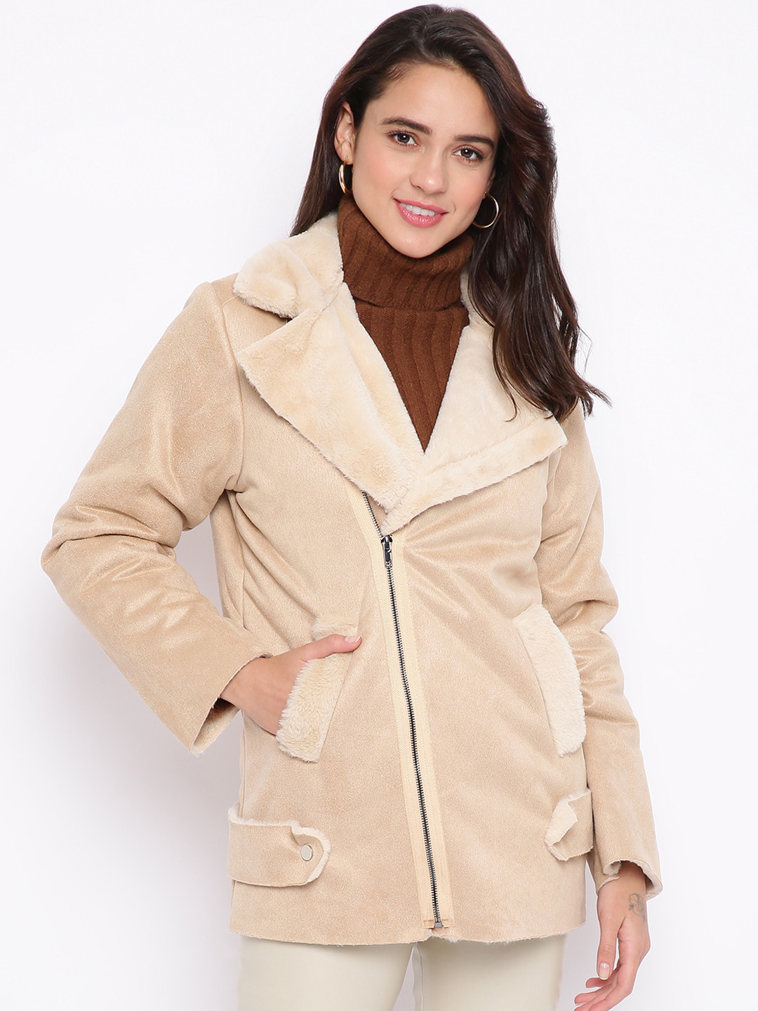 

iki chic Women Beige Suede Longline Outdoor Tailored Jacket