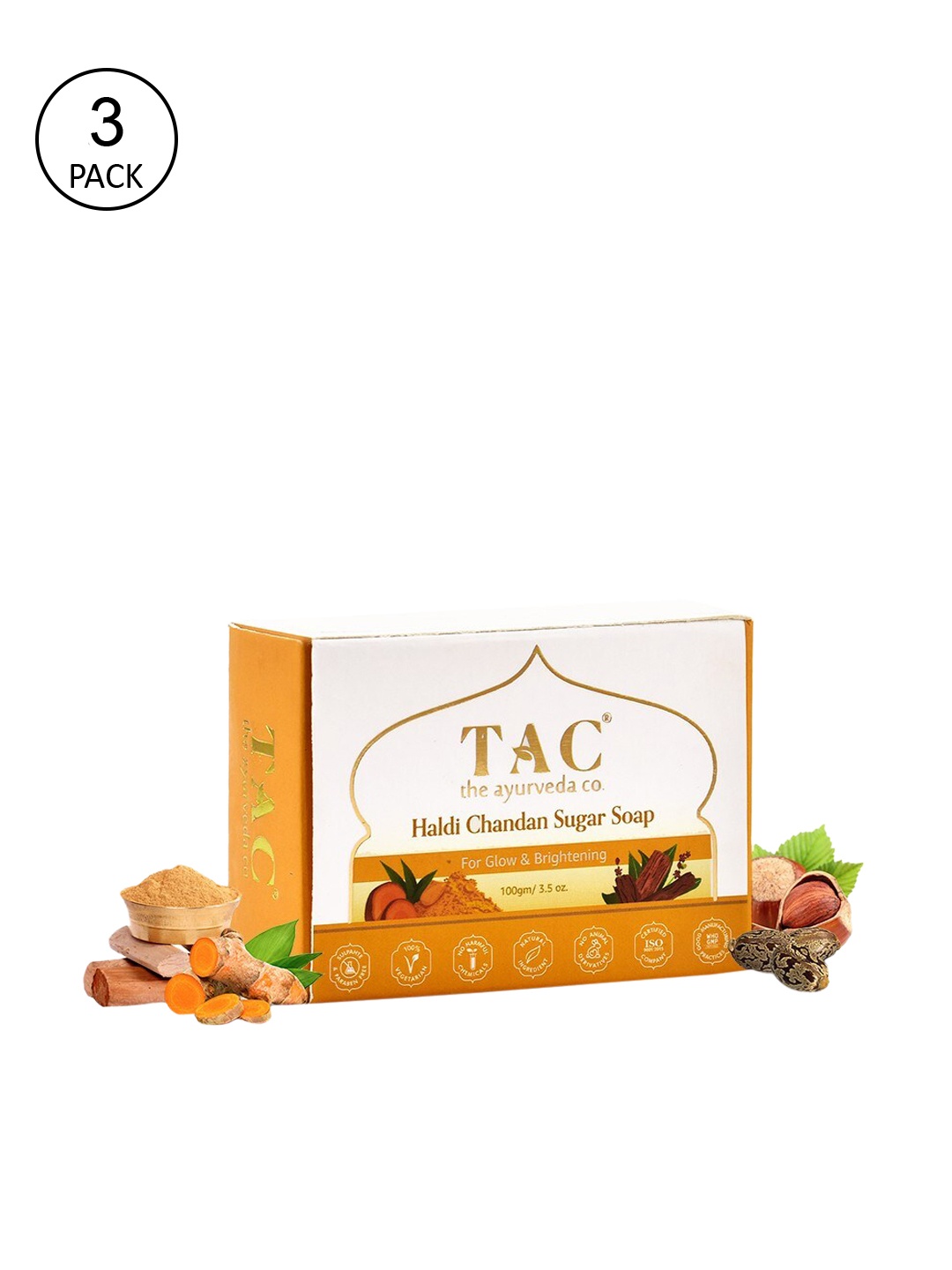 

TAC - The Ayurveda Co. Set of 3 Yellow Haldi Chandan Handmade Sugar Soap 100g