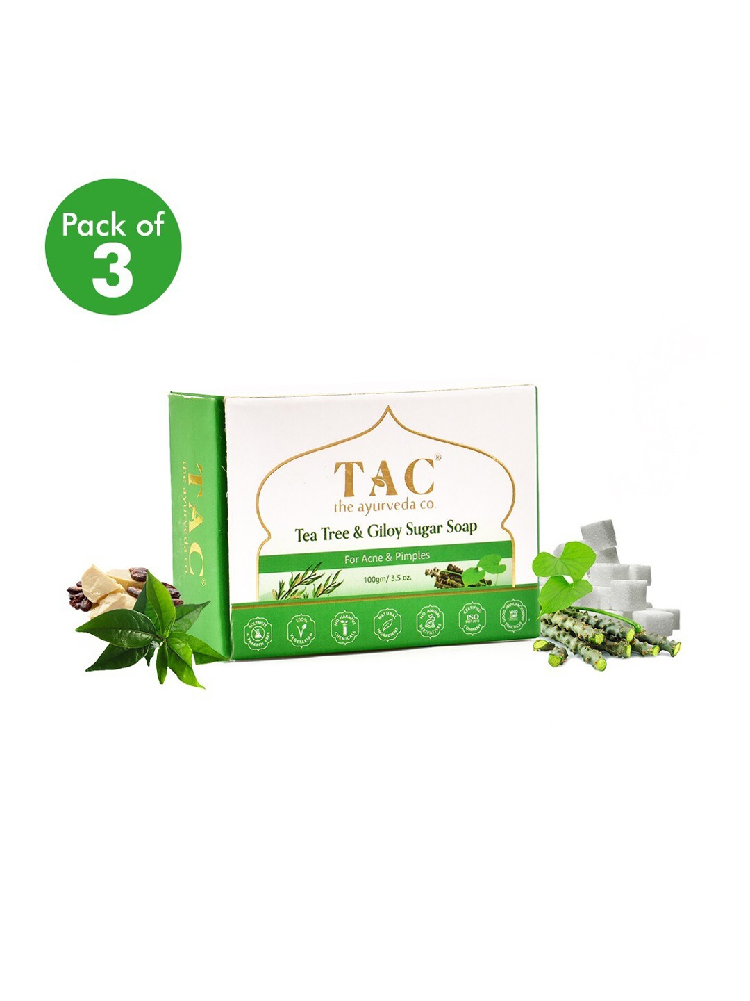 

TAC - The Ayurveda Co. Set Of 3 Tea Tree & Giloy Handmade Sugar Soaps For Acne, Green