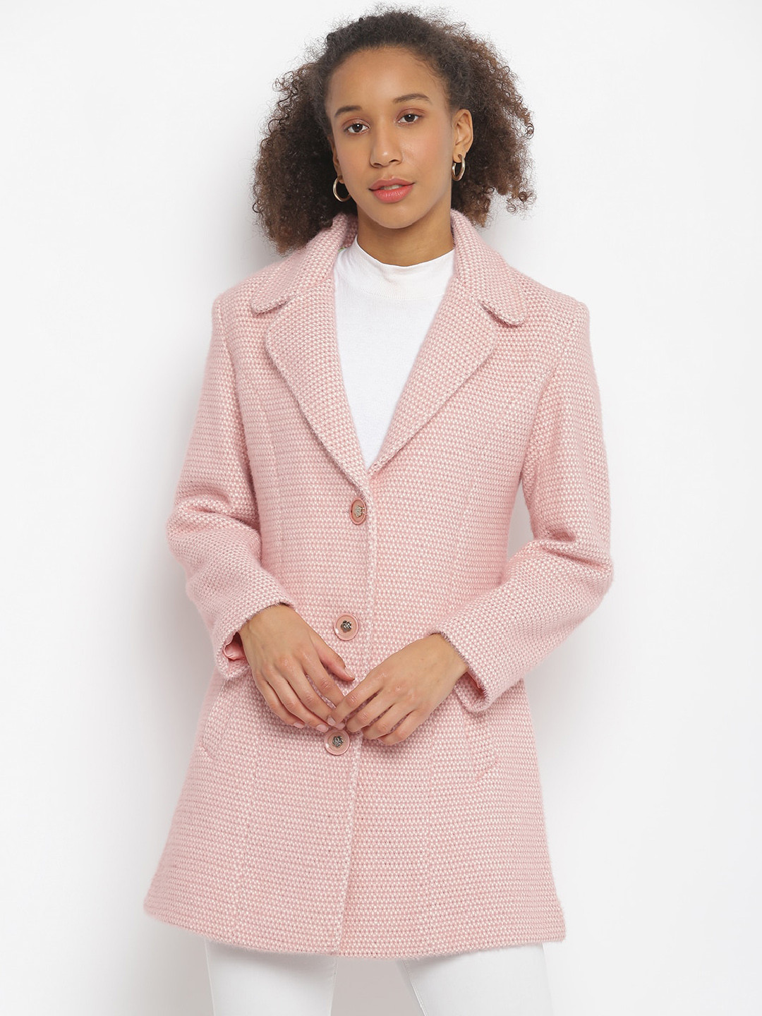 

Her Grace Women Pink Textured Woolen Pea Coat