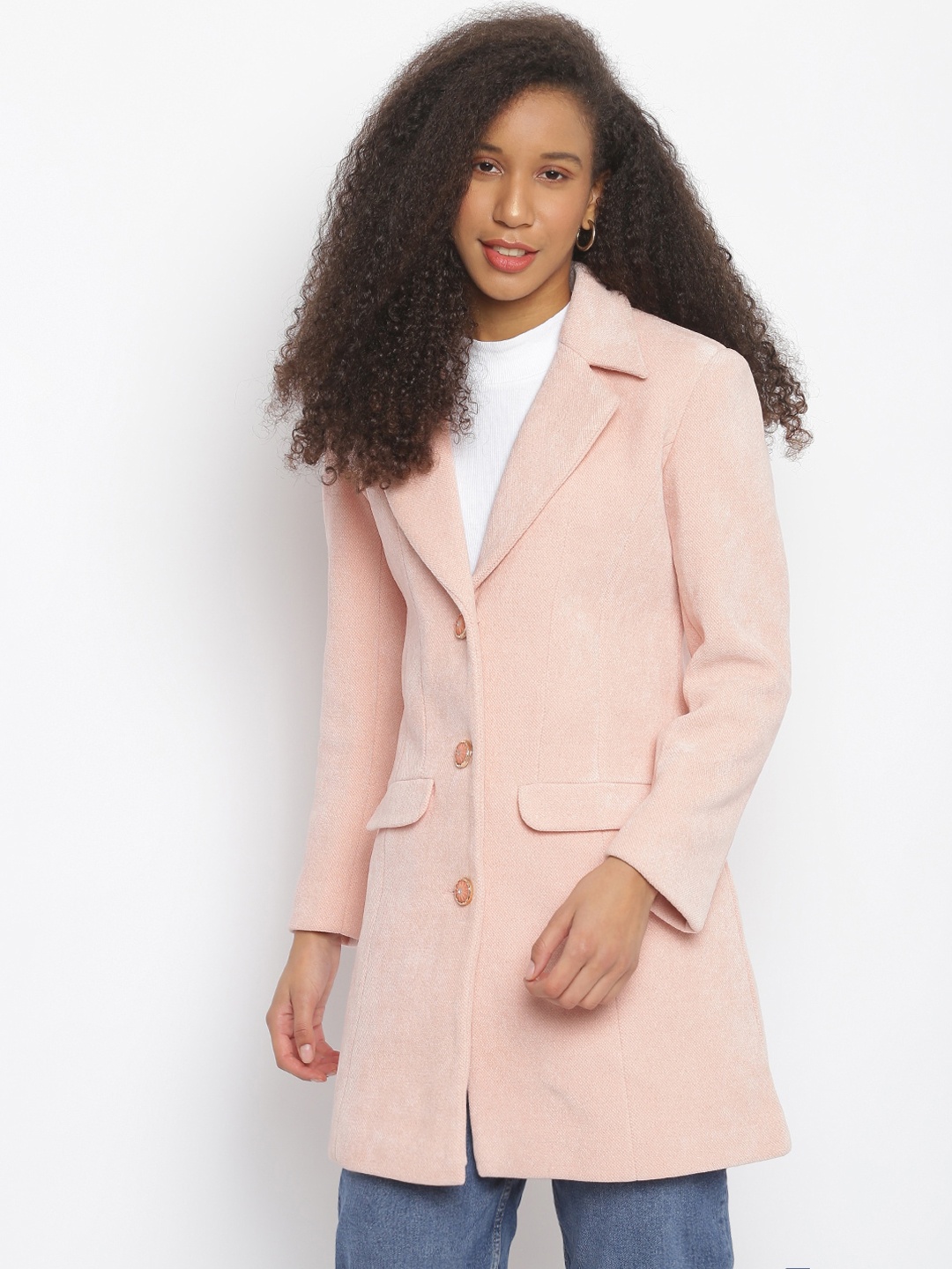 

Her Grace Women Pink Solid Woolen Pea Coat