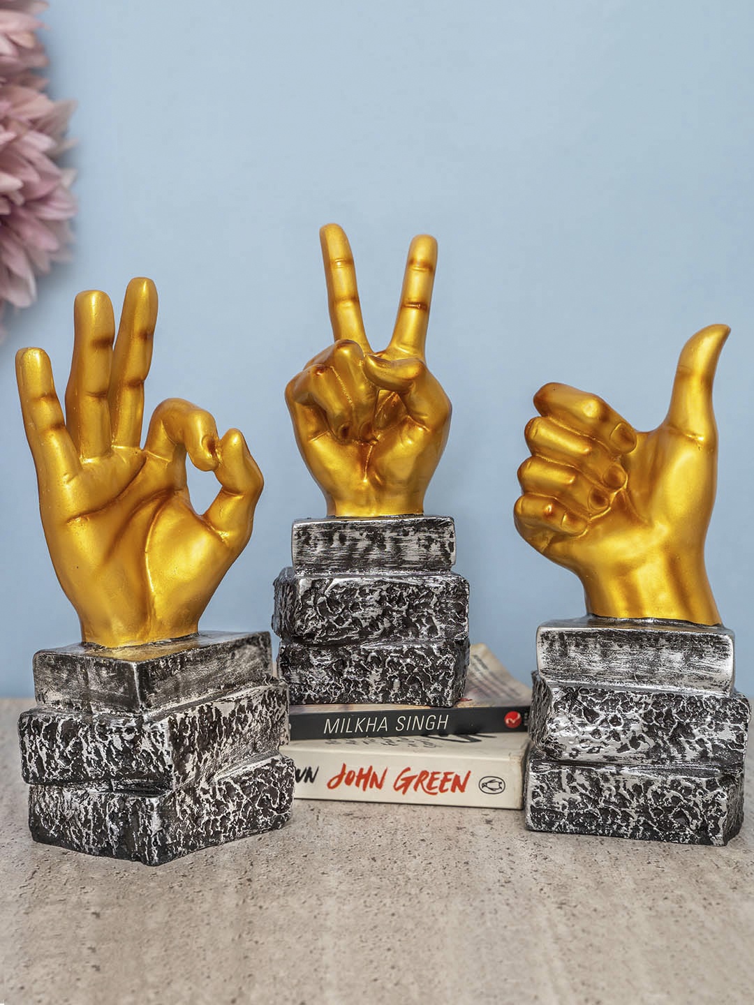 

TIED RIBBONS Set of 3 Hand Sign Statue Showpiece, Black