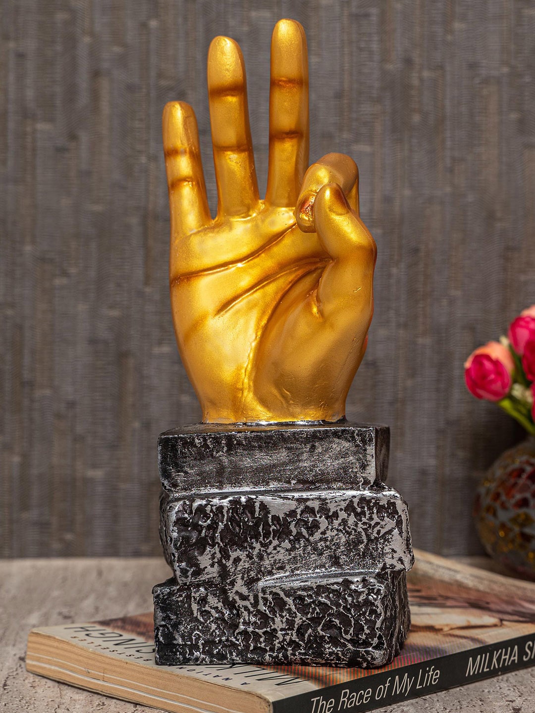 

TIED RIBBONS Gold-Coloured & Black Hand Ok Statue Showpiece