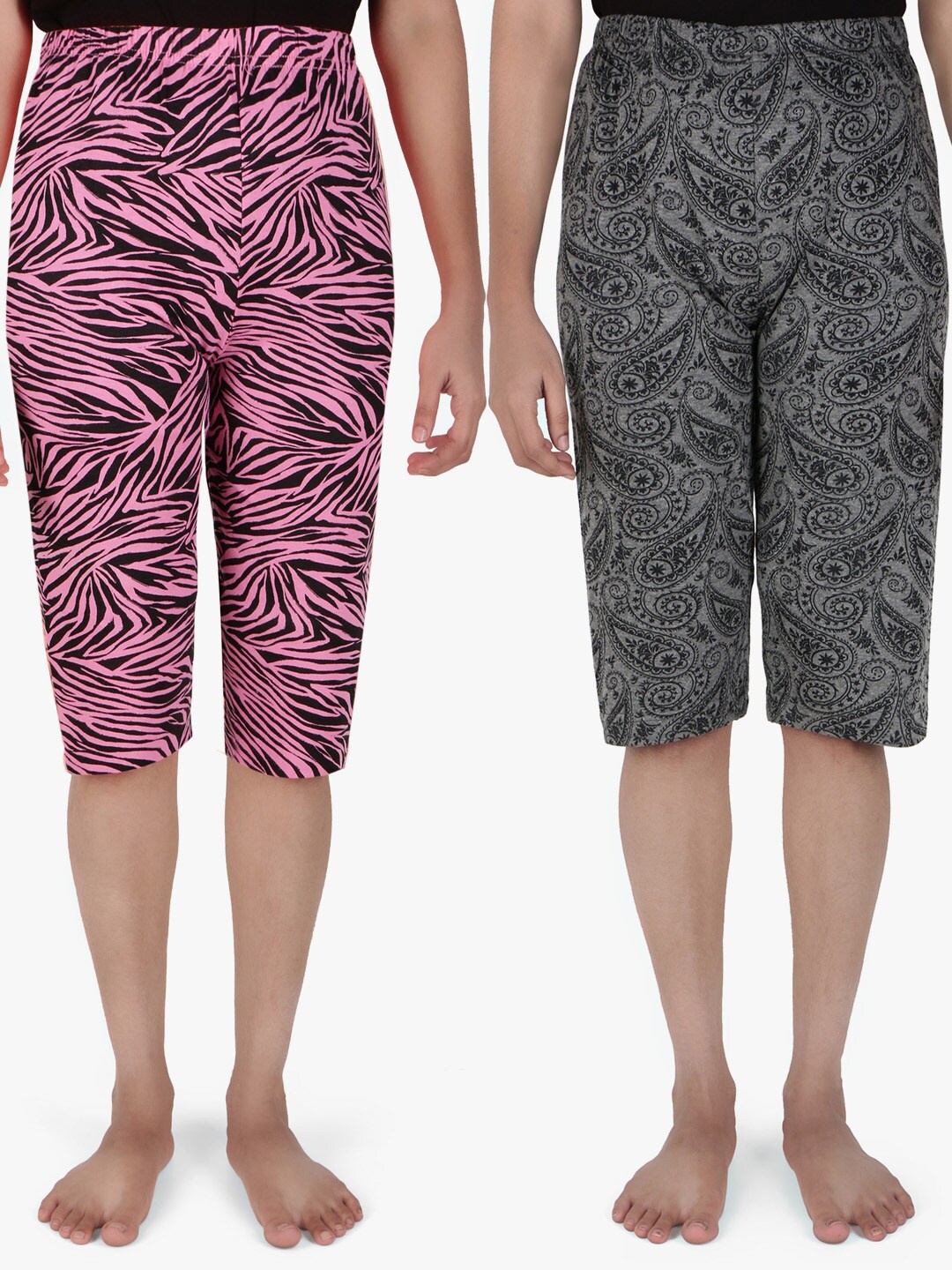 

SAVAGE Girls Pack of 2 Grey & Pink Pure Cotton Printed Capris