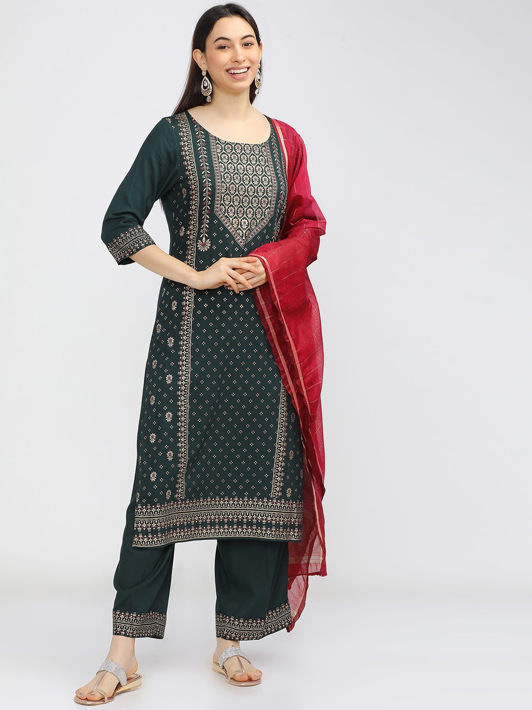 

Vishudh Women Green Embroidered Kurta with Trousers & With Dupatta