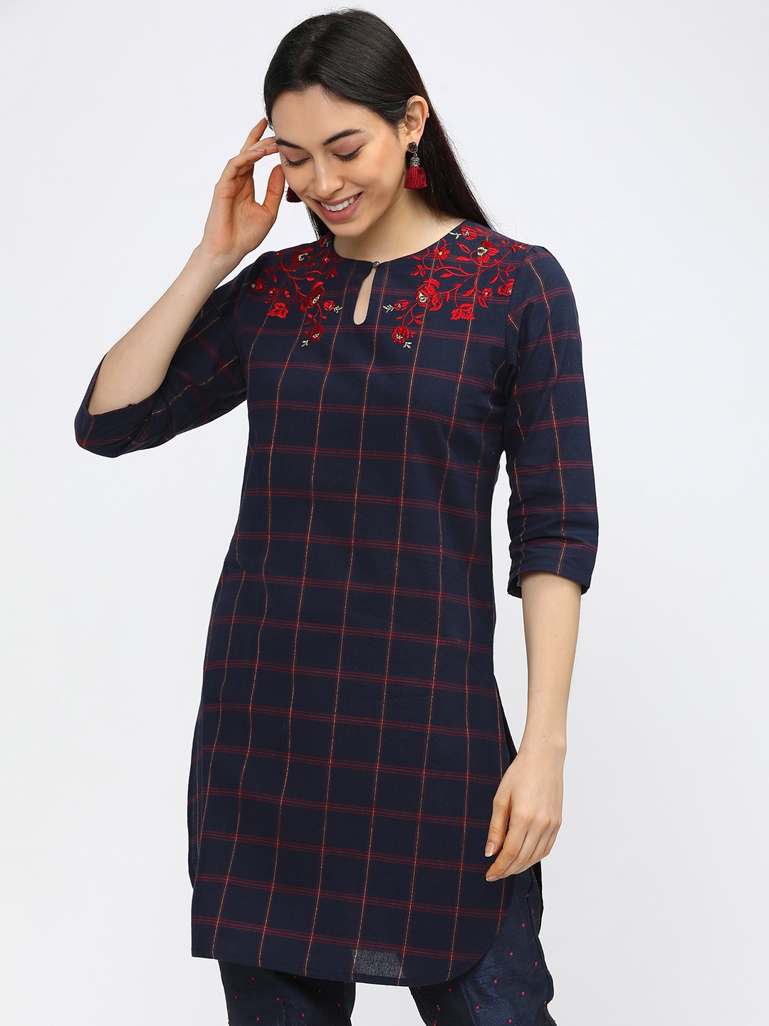 

Vishudh Navy Blue & Red Checked Embroidered Cotton Tunic