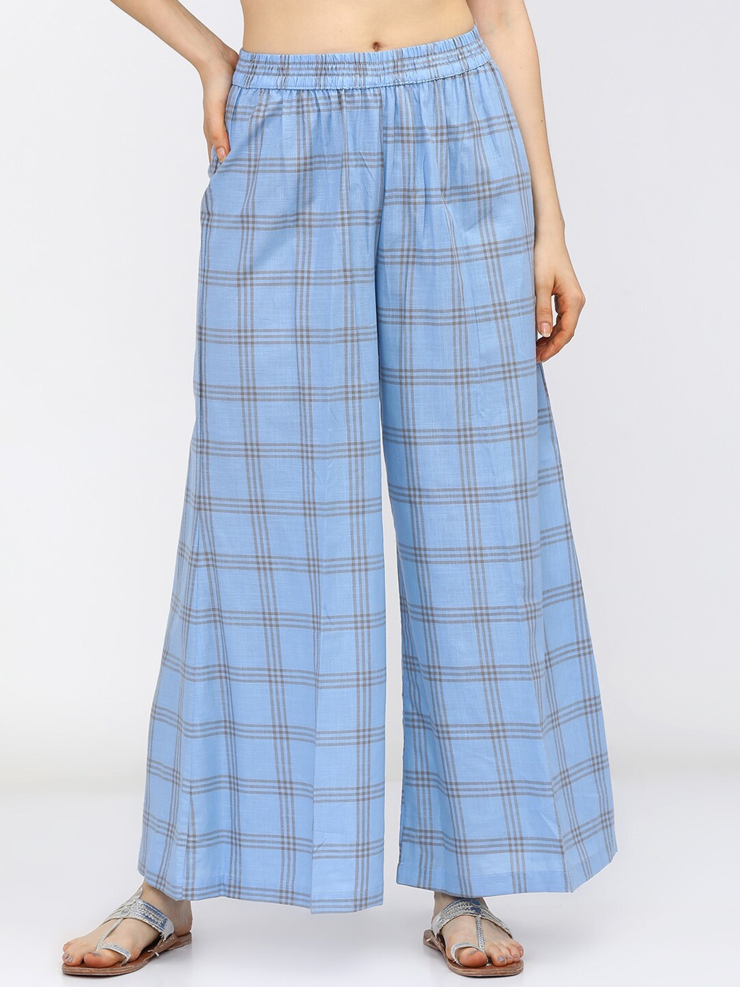 

Vishudh Women Blue Ethnic Motifs Checked Flared Cotton Palazzos