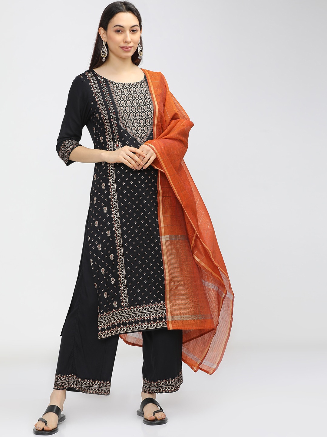 

Vishudh Women Black Ethnic Motifs Printed Kurta with Trousers & With Dupatta