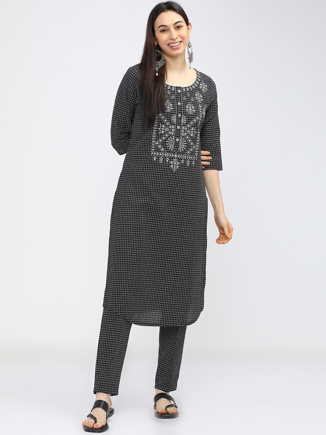 

Vishudh Women Black Yoke Design Pure Cotton Kurta with Trousers