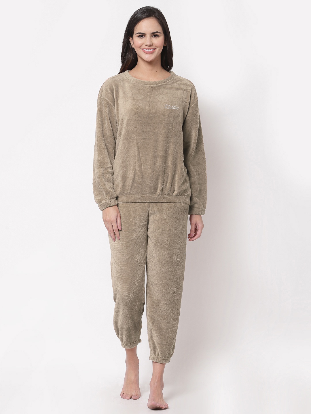 

KLOTTHE Women Solid Long Sleeve Wool Night Suit, Beige