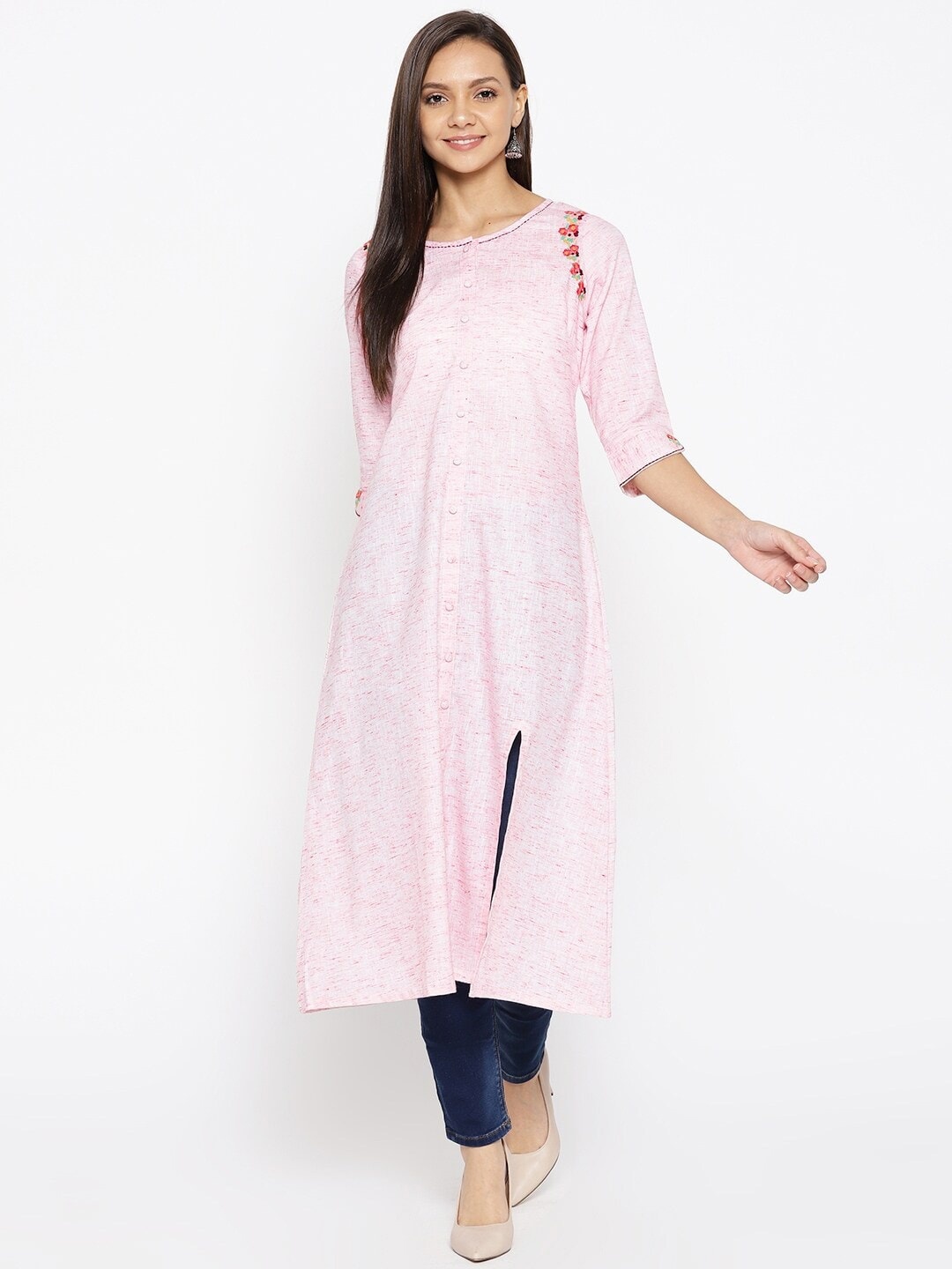 

Be Indi Women Pink Woven Deisgn A-Line Kurta