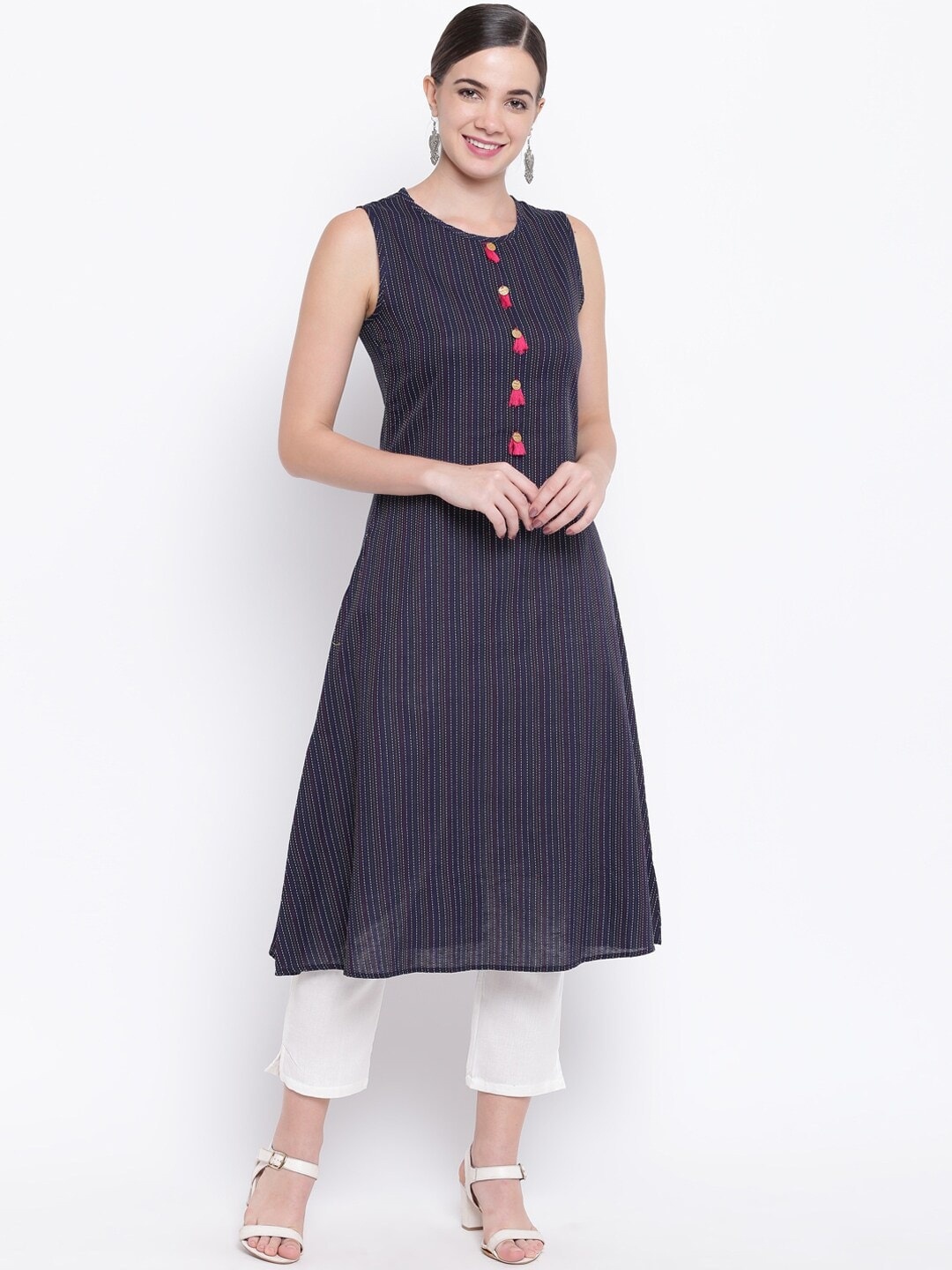 

Be Indi Women Navy Blue Striped Kurta