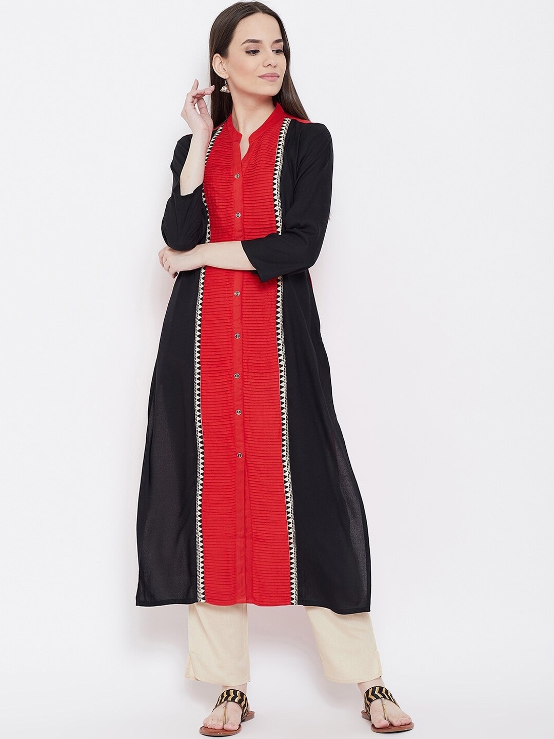

Be Indi Women Red & Black Colourblocked Cotton Straight Kurta