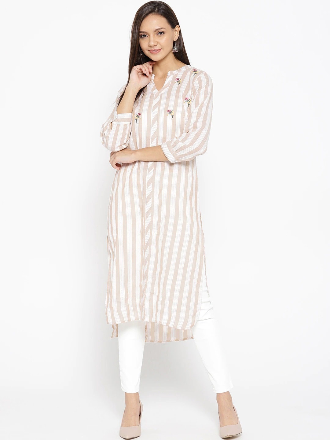 

Be Indi Women Beige Striped Thread Work Kurta