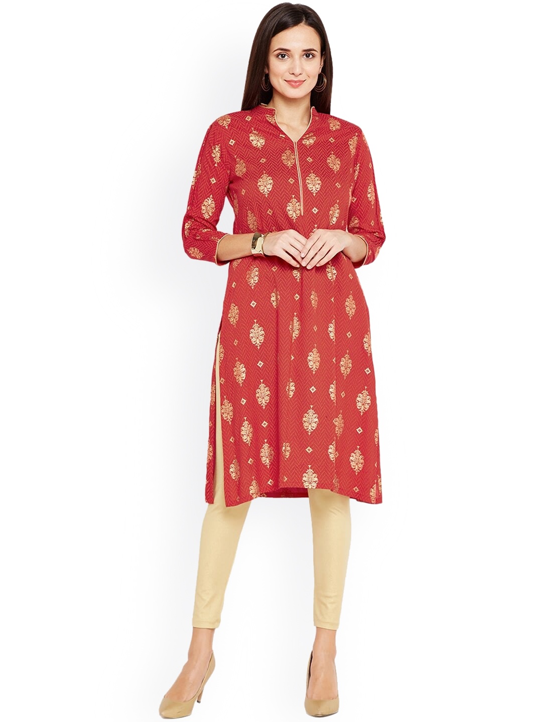 

Be Indi Women Red Ethnic Motifs Printed Thread Work Kurta