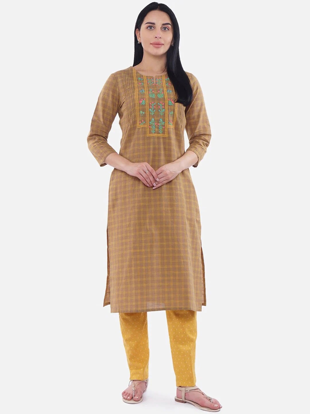 

Be Indi Women Brown & Yellow Checked Thread Work Cotton Kurta