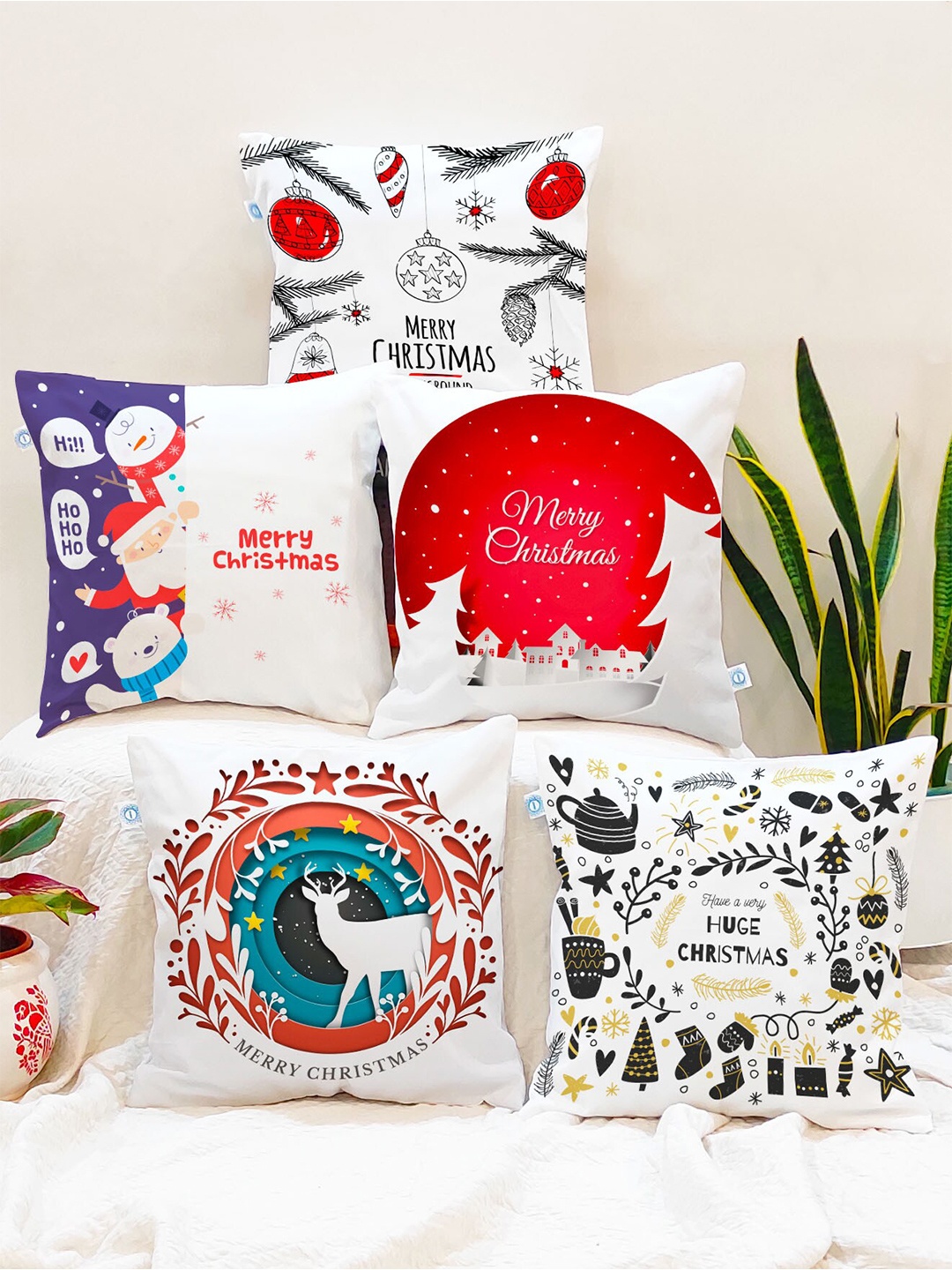 

STITCHNEST Red & White Set of 5 Christmas Square Cushion Covers